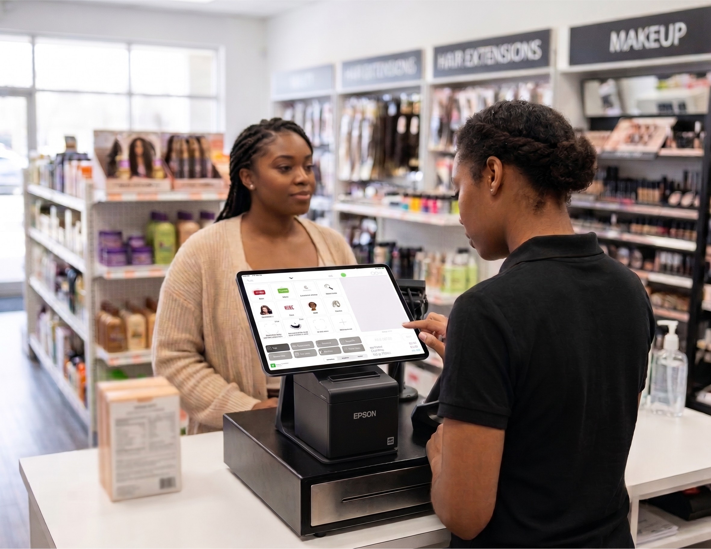 Beauty Supply Store POS System | PUREJOIN Cloud-Based POS Beauty supply store employee using a POS system to process a customer's purchase, demonstrating PUREJOIN's beauty supply POS solution for efficient checkout and retail operations.