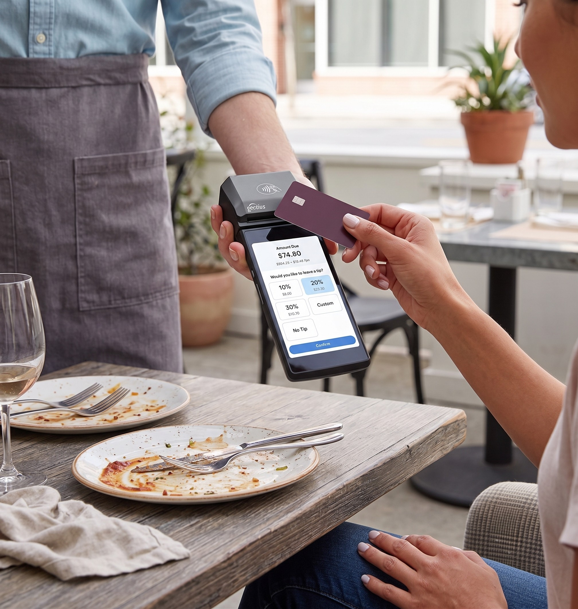 Genius Restaurant POS | PUREJOIN Integrated Payment Processing Restaurant customer making a contactless card payment using a Genius payment terminal, demonstrating PUREJOIN's integrated restaurant payment processing solutions.