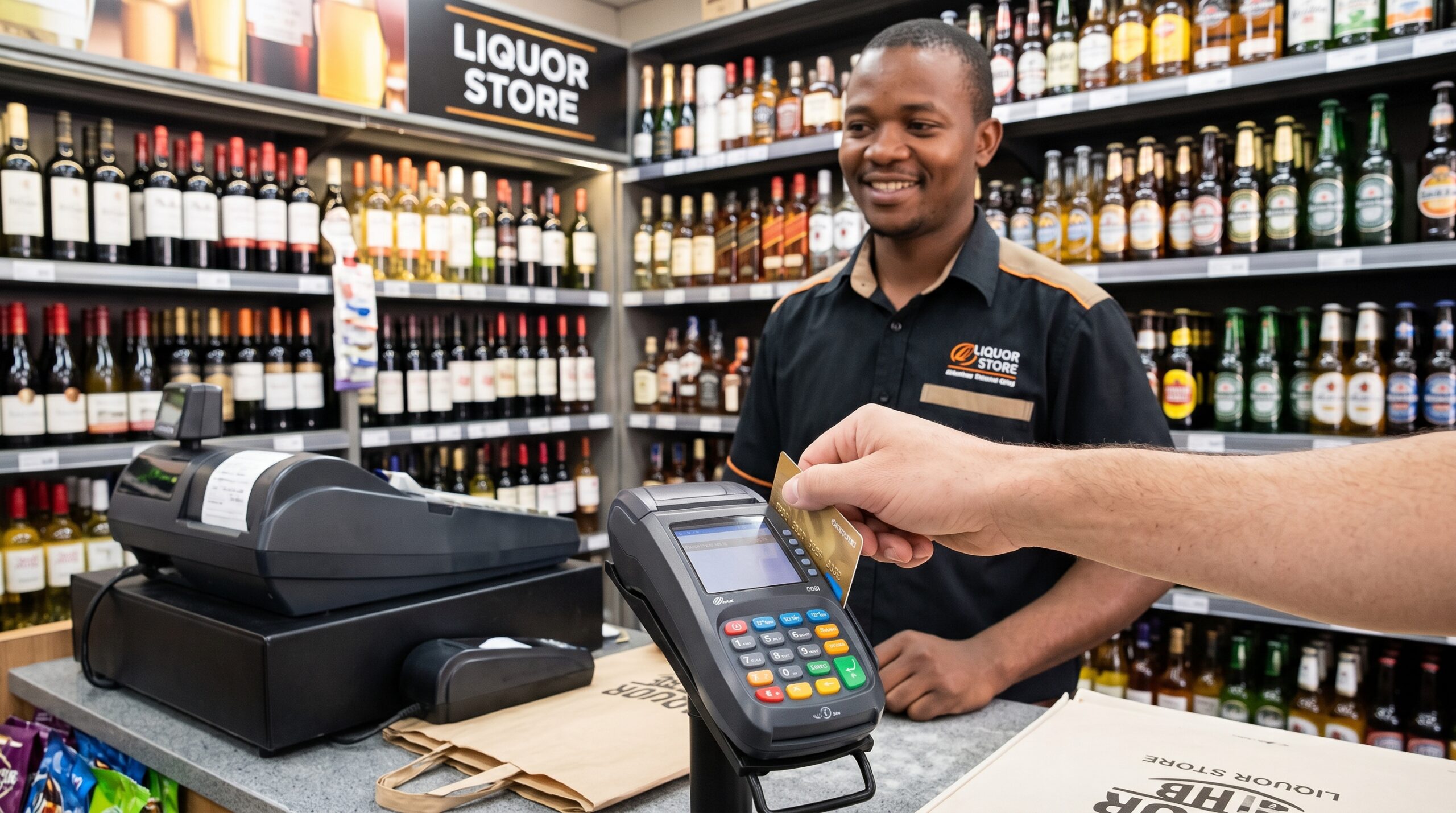 Liquor Store POS System | PUREJOIN Payment Processing Solutions Customer making a credit card payment at a liquor store checkout counter equipped with a POS system and receipt printer, demonstrating efficient liquor store payment processing.