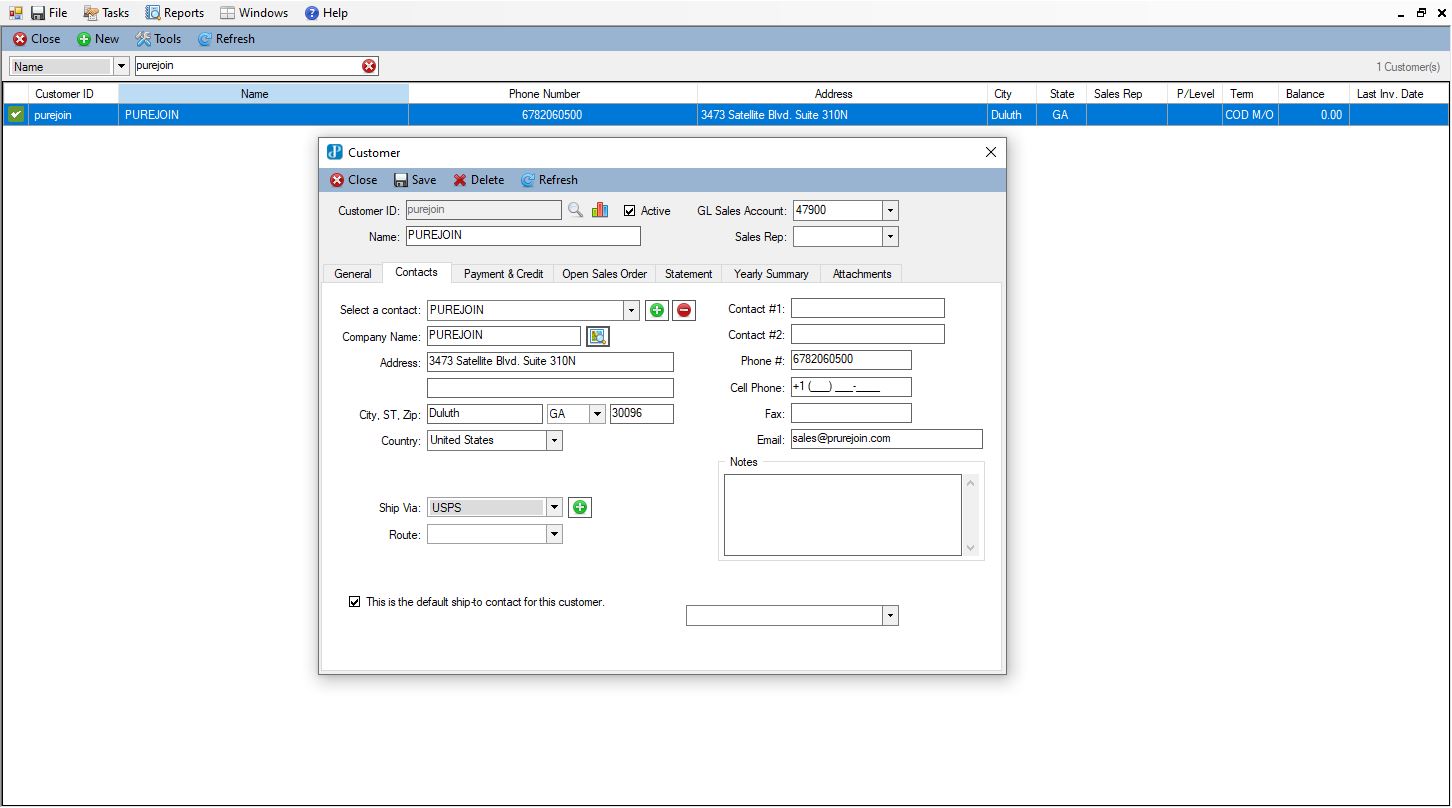 PJ Enterprise Software | Wholesale Customer Management System Screenshot of PJ Enterprise wholesale management software displaying customer profiles, contact information, shipping addresses, payment terms, and customer account management tools.