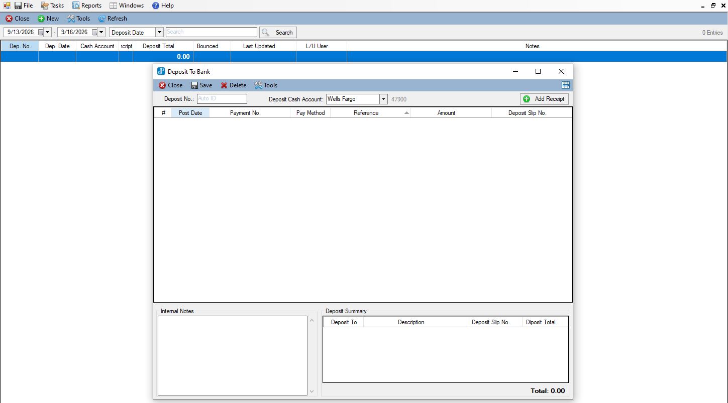 PJ Enterprise Software | Wholesale Banking & Deposit Management Screenshot of PJ Enterprise wholesale management software showing the banking deposit interface with payment records, bank account selection, deposit tracking, and financial summaries.