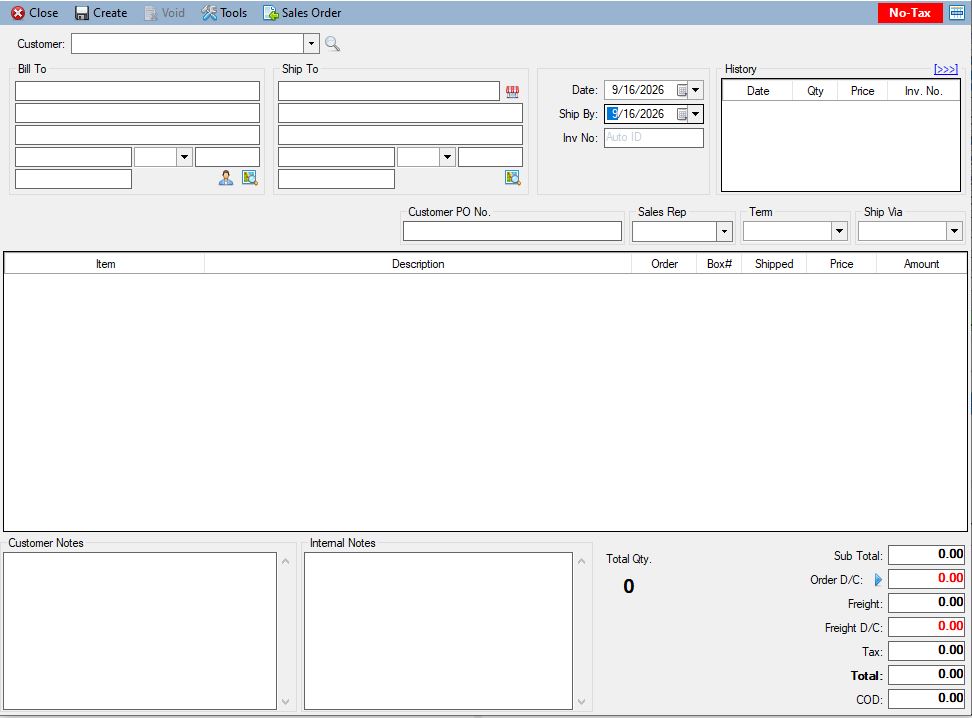 PJ Enterprise Software | Wholesale Invoice & Order Management Screenshot of PJ Enterprise wholesale management software showing the sales order and invoicing interface with customer billing, shipping details, item quantities, and pricing.