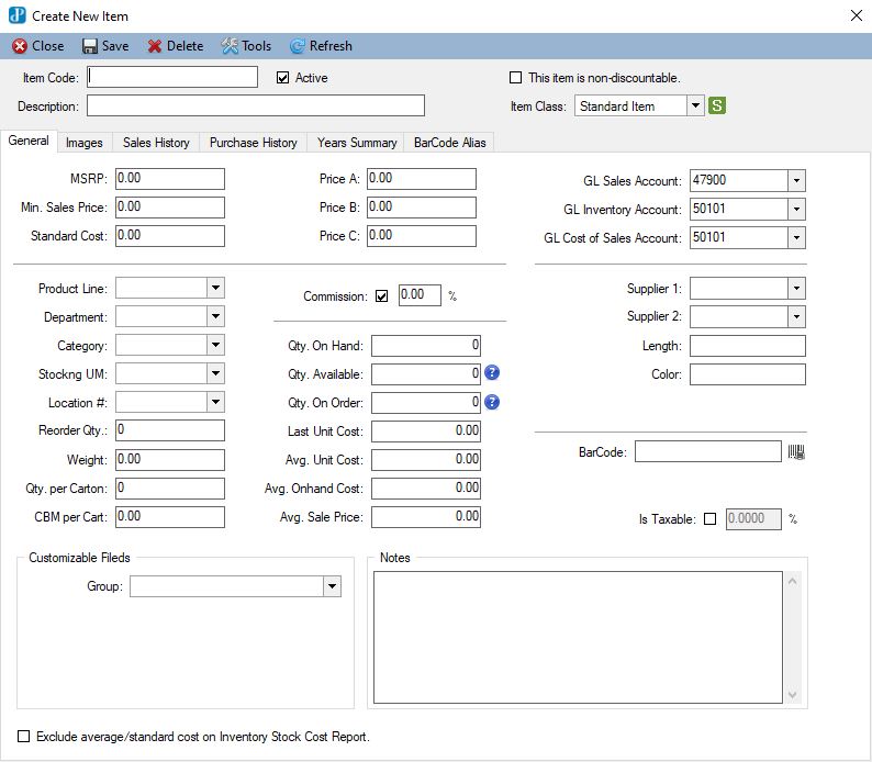 PJ Enterprise Software | Wholesale Inventory Management System Screenshot of PJ Enterprise wholesale inventory management software showing product details, stock quantities, pricing, supplier information, barcode tracking, and reorder levels.