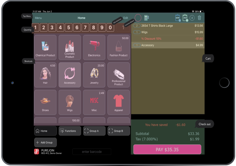 PUREJOIN Beauty Supply POS System | Retail Checkout Software PUREJOIN beauty supply store POS system displayed on an iPad, featuring product categories, shopping cart, discounts, and checkout functions for efficient retail sales.
